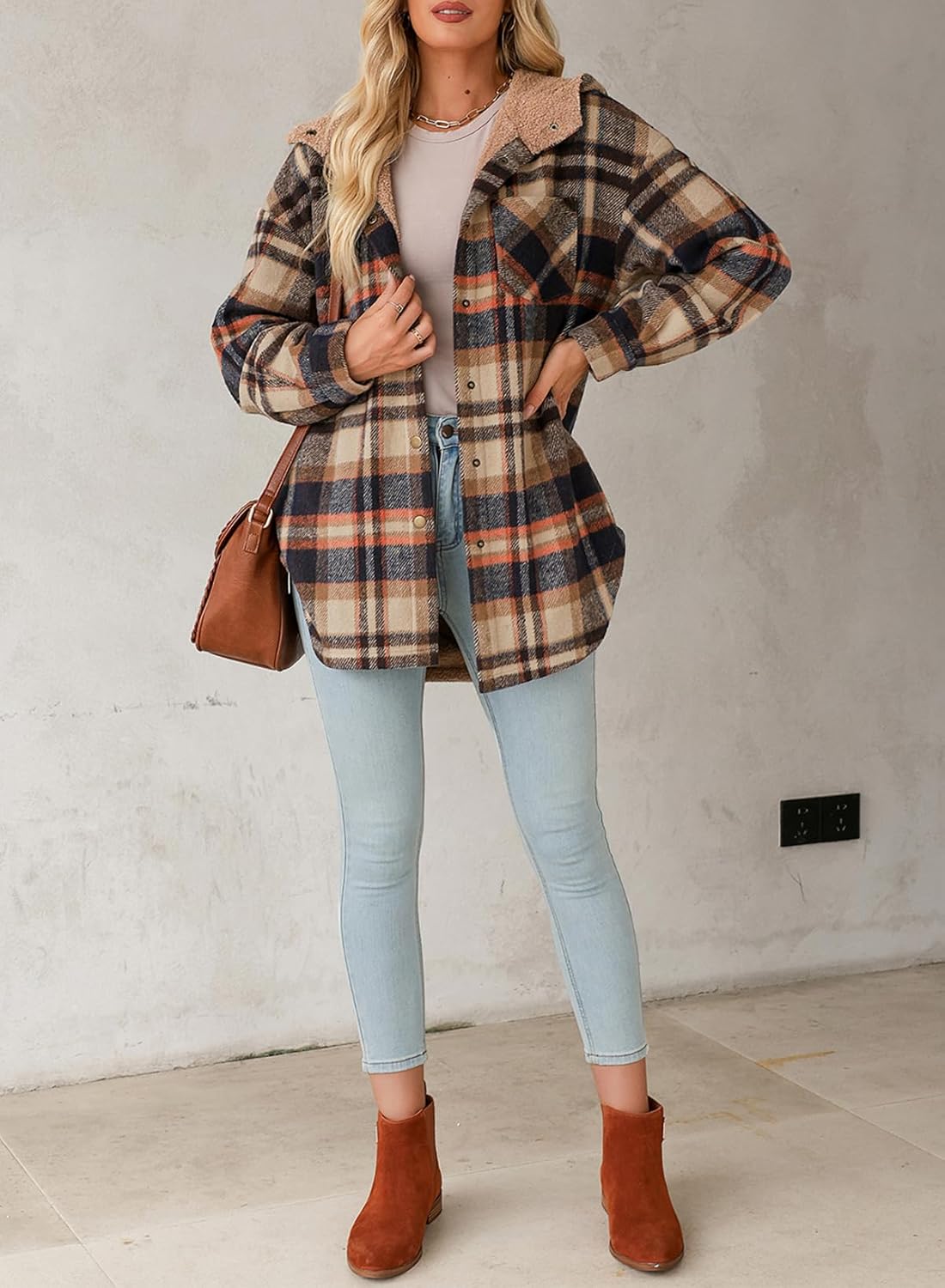 Women's Flannel Fuzzy Fleece Button down Hooded Plaid Shacket Jacket (Buy 2 Free Shipping)