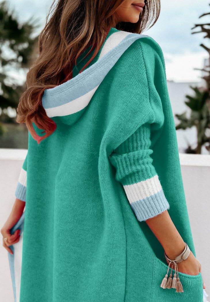 Women's Color Block Vertical Striped Open Front Oversized Hooded Long Cardigan Sweaters with Pockets