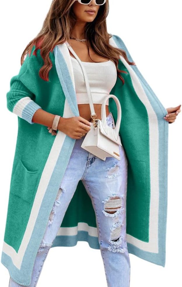 Women's Color Block Vertical Striped Open Front Oversized Hooded Long Cardigan Sweaters with Pockets