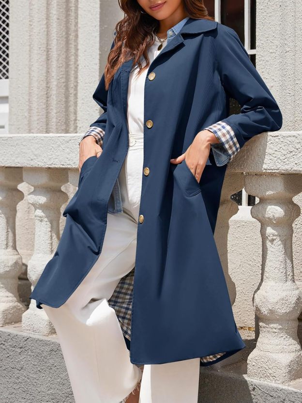 Womens Long Trench Coat Single Breasted Oversized Windproof Overcoat