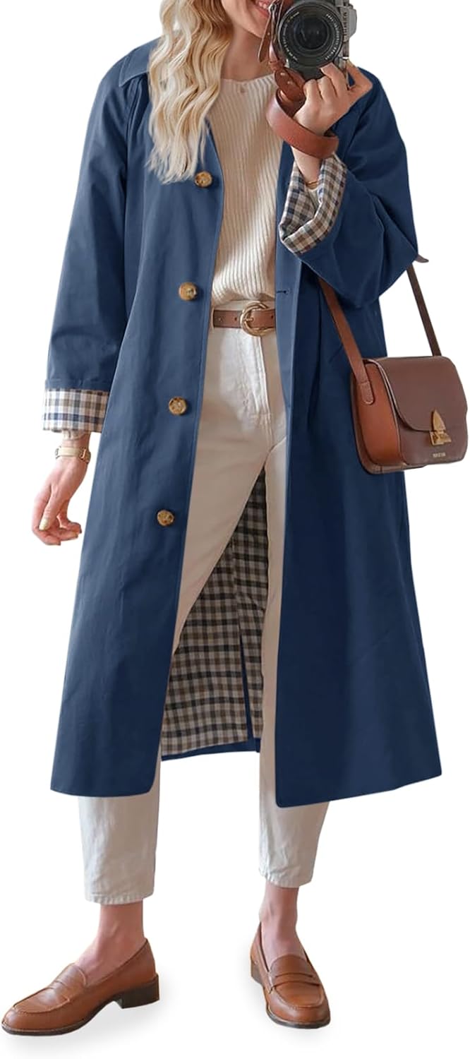 Womens Long Trench Coat Single Breasted Oversized Windproof Overcoat