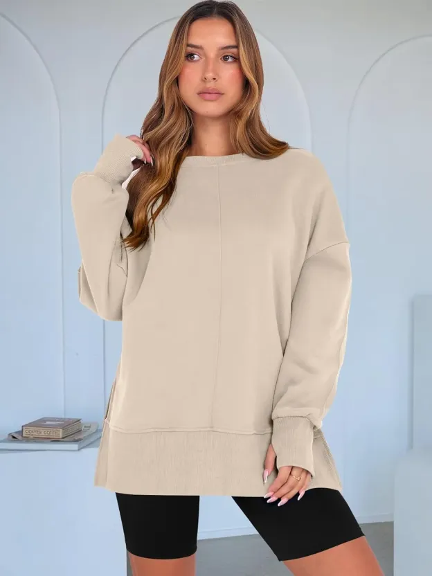 WOMENS OVERSIZED THUMBHOLE LONG SLEEVE SIDE SLIT PULLOVER TOP(BUY 2 FREE SHIPPING)