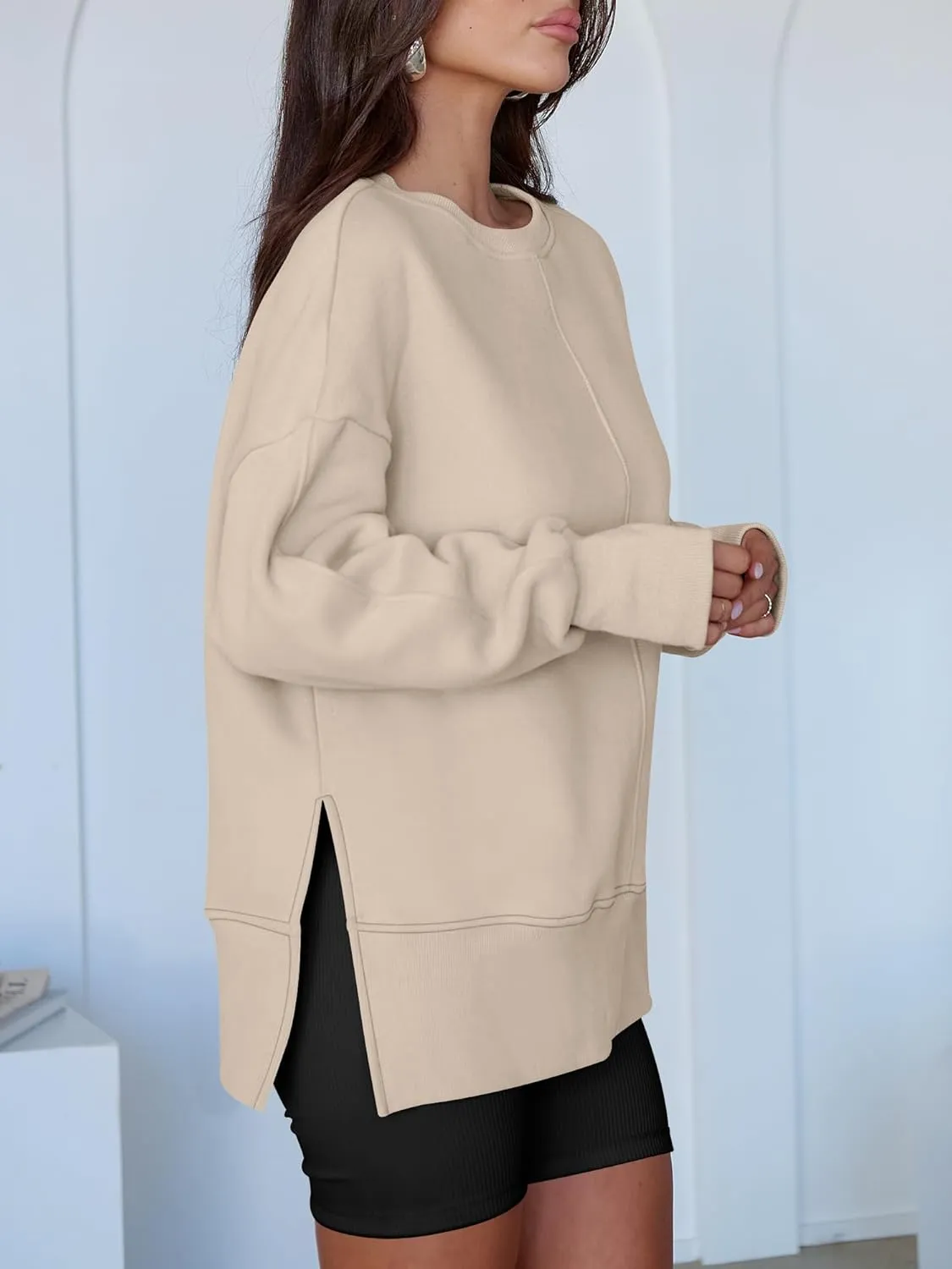 WOMENS OVERSIZED THUMBHOLE LONG SLEEVE SIDE SLIT PULLOVER TOP(BUY 2 FREE SHIPPING)