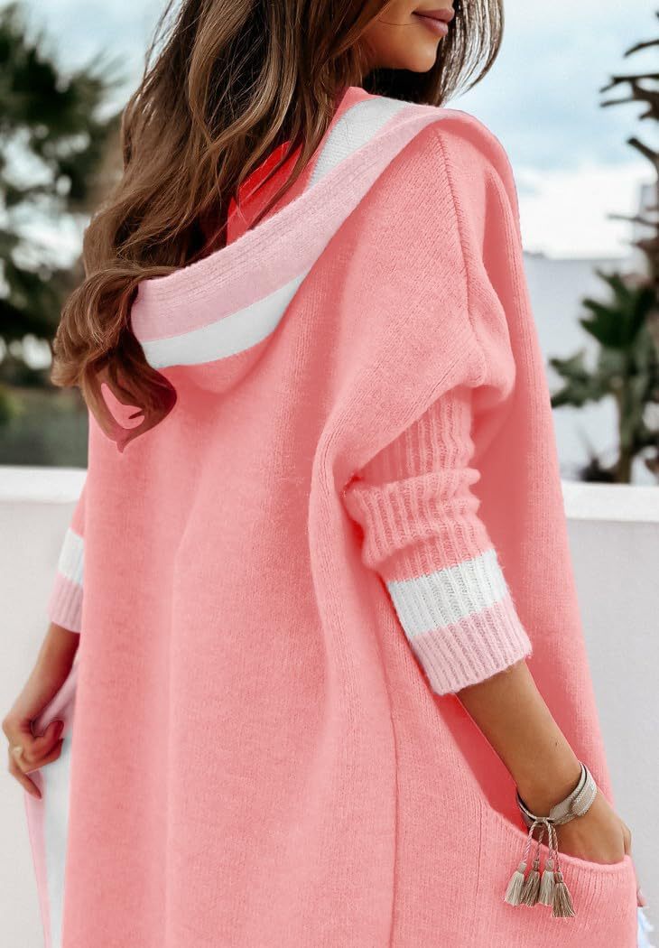 Women's Color Block Vertical Striped Open Front Oversized Hooded Long Cardigan Sweaters with Pockets
