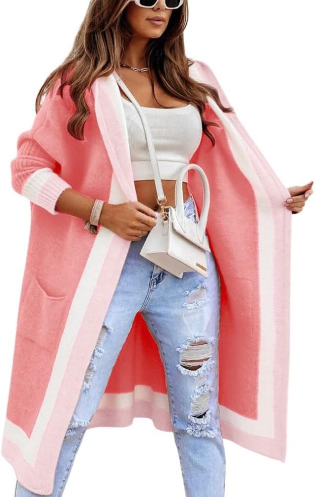 Women's Color Block Vertical Striped Open Front Oversized Hooded Long Cardigan Sweaters with Pockets