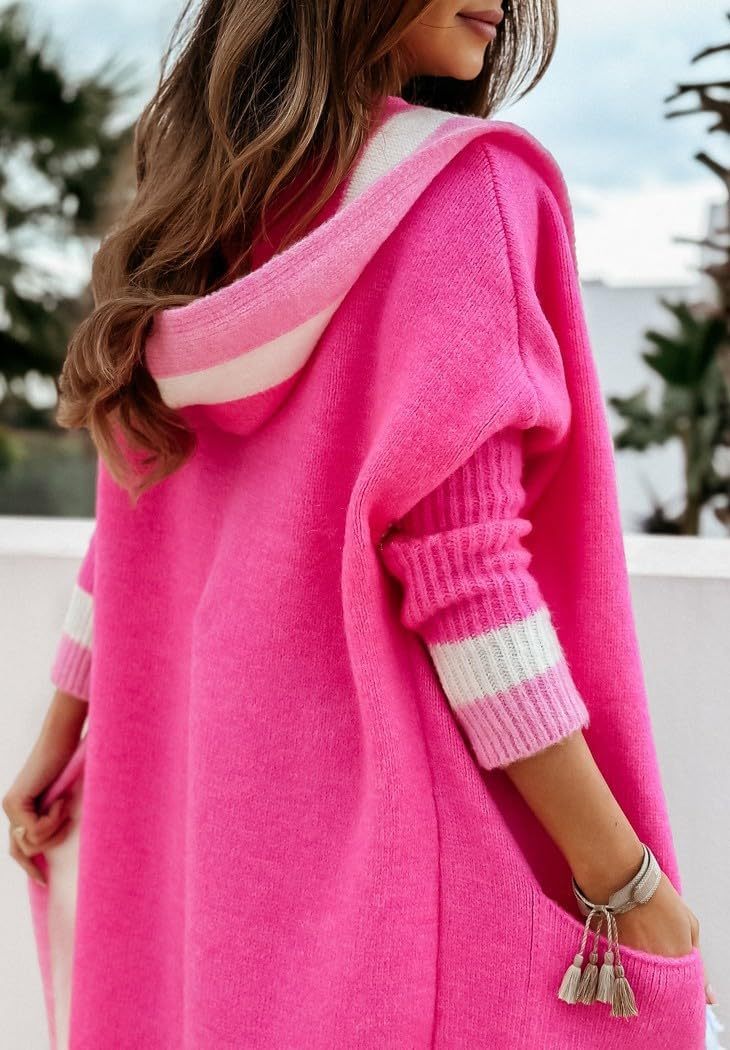 Women's Color Block Vertical Striped Open Front Oversized Hooded Long Cardigan Sweaters with Pockets
