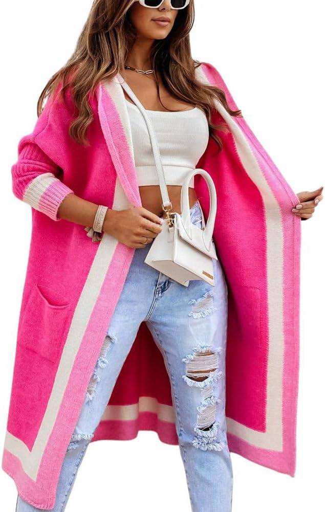 Women's Color Block Vertical Striped Open Front Oversized Hooded Long Cardigan Sweaters with Pockets