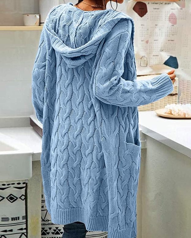 Women Hooded Open Front Cardigan Cable Knit Sweaters Chunky Long Sweater Coats