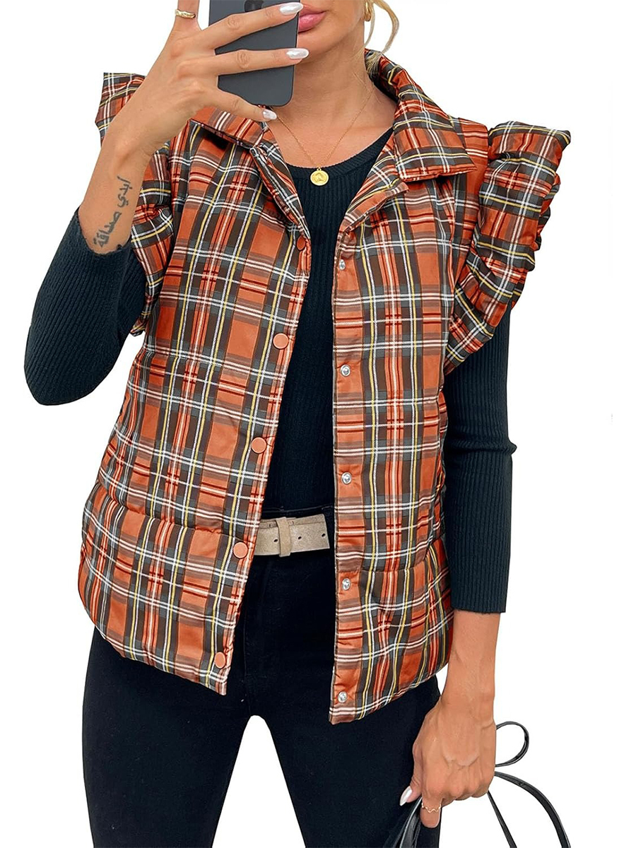 Women's Plaid Ruffle Sleeveless Lightweight Quilted Vest Coats