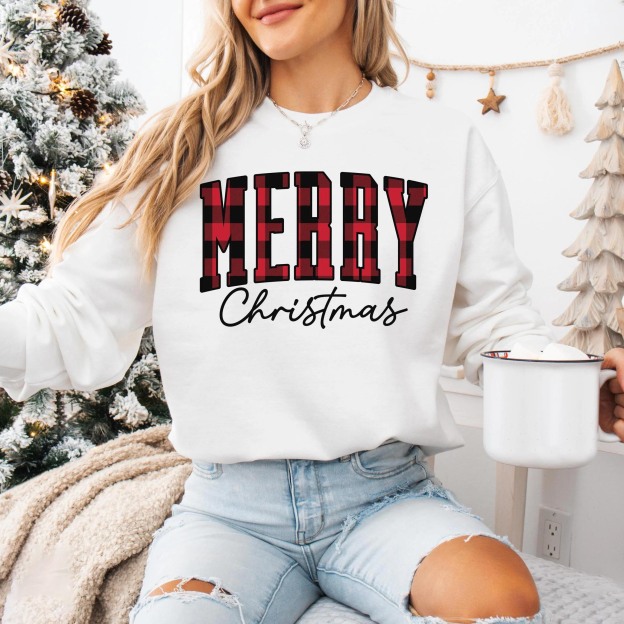 “Merry Christmas” Plaid Graphic Sweatshirt(Buy 2 Free Shipping)