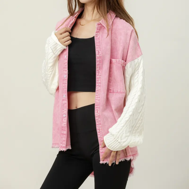 🔥Cozy Sweater Sleeve Denim Shacket (Buy 2 Free Shipping)