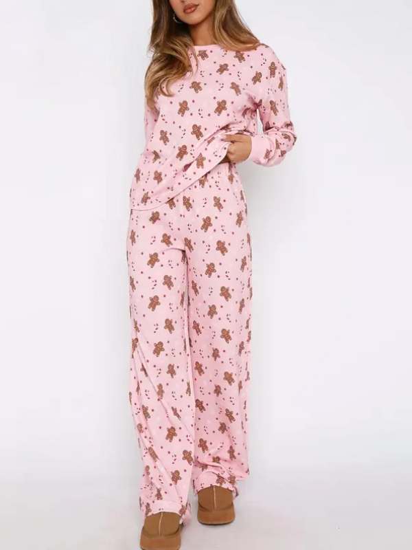 Christmas Women‘s Outfits Casual Gingerbread Print Long Sleeve Tops and Elastic Pants 2 Piece Set Streetwear
