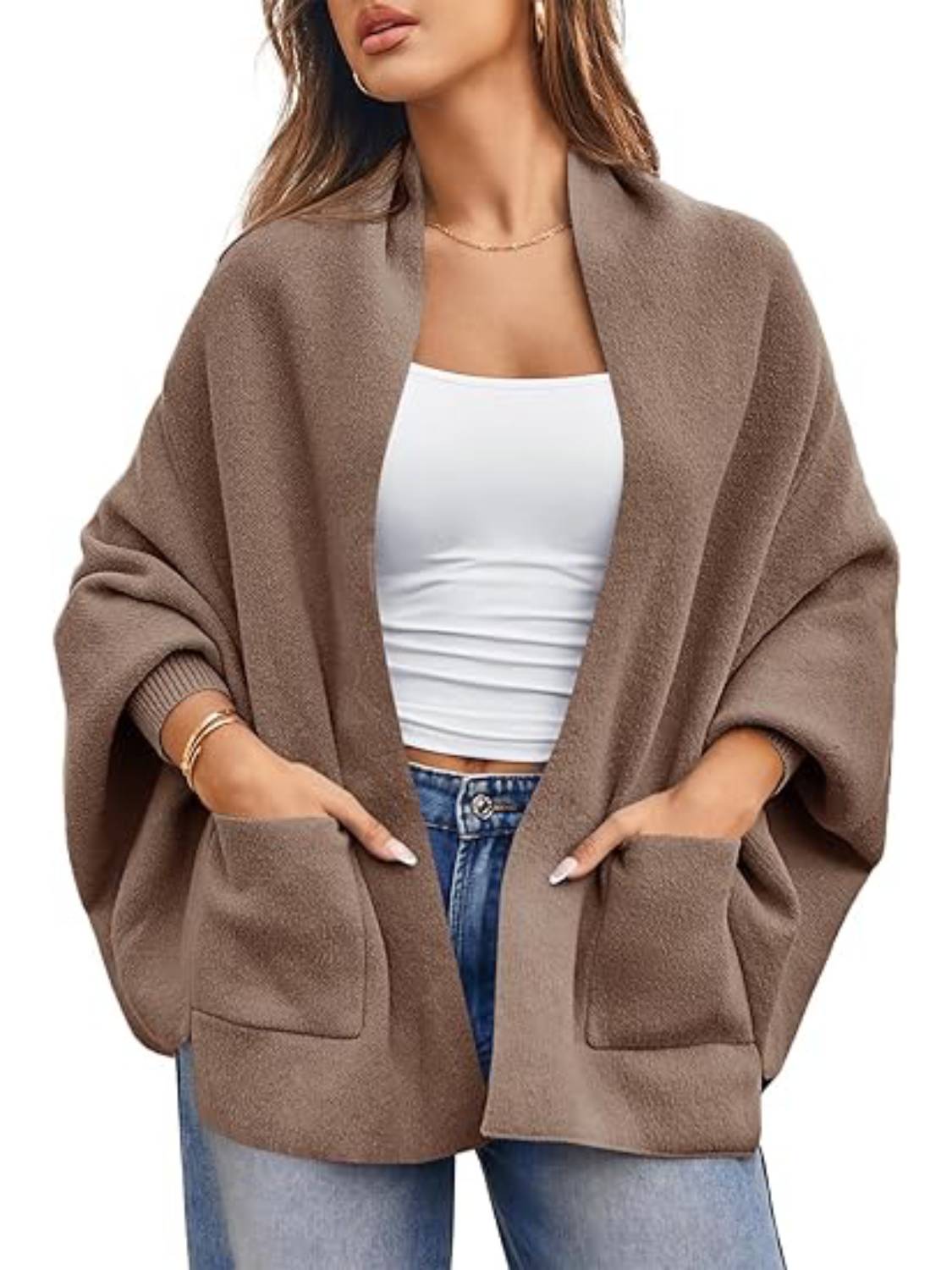 Womens Open Front Batwing Long Sleeve Shawl Knit Cardigan