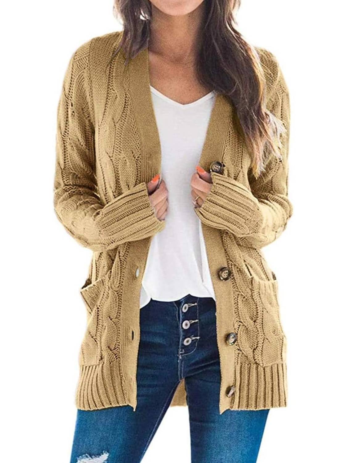 HOT SALE Women's Button Down Open Front Cable Knit Cardigan Sweater