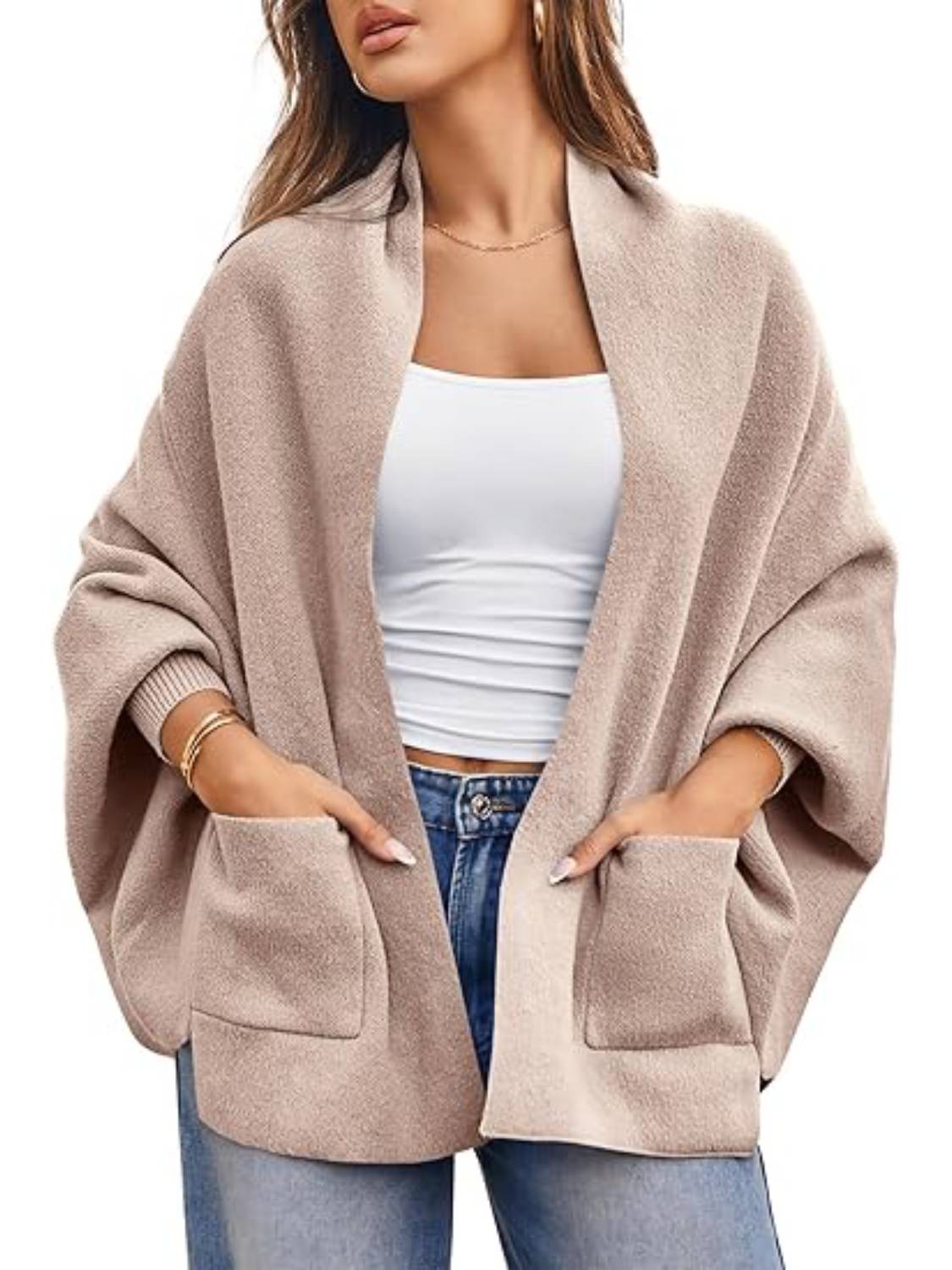 Womens Open Front Batwing Long Sleeve Shawl Knit Cardigan