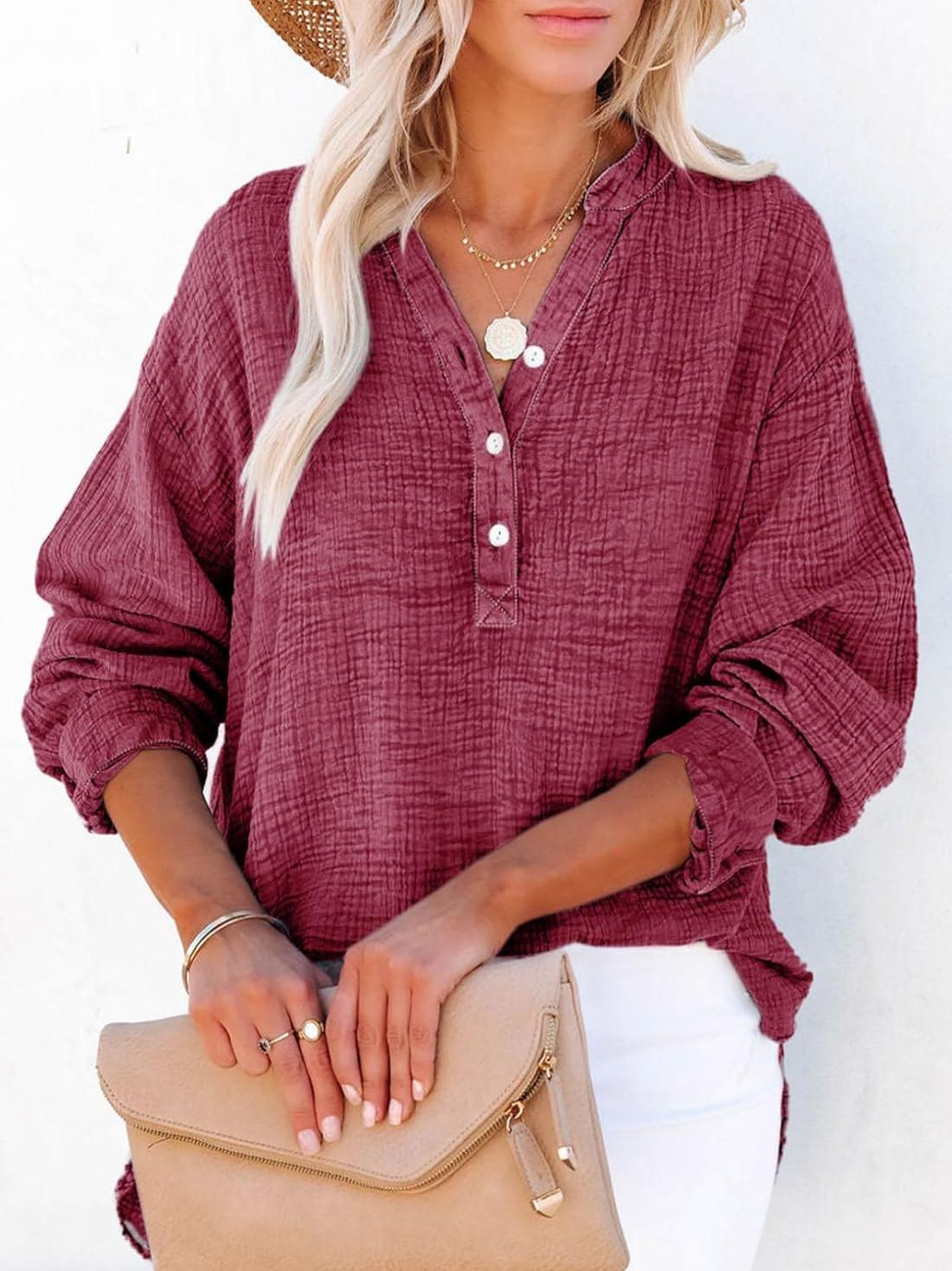 ⏰Hot Sale-Womens Casual Button V Neck Long Sleeve Shirts Oversized Solid Blouses Tops(Buy 2 Free Shipping)