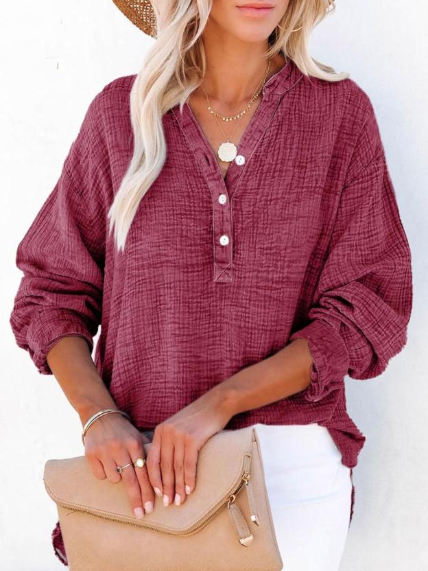 ⏰Hot Sale-Womens Casual Button V Neck Long Sleeve Shirts Oversized Solid Blouses Tops(Buy 2 Free Shipping)