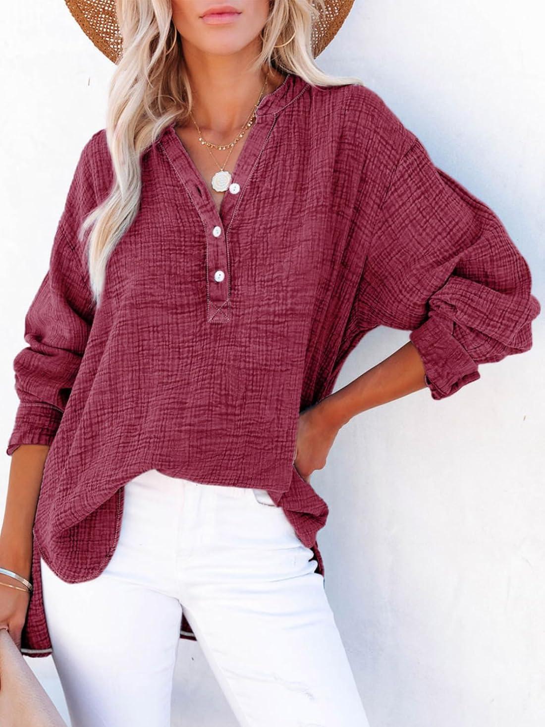 ⏰Hot Sale-Womens Casual Button V Neck Long Sleeve Shirts Oversized Solid Blouses Tops(Buy 2 Free Shipping)