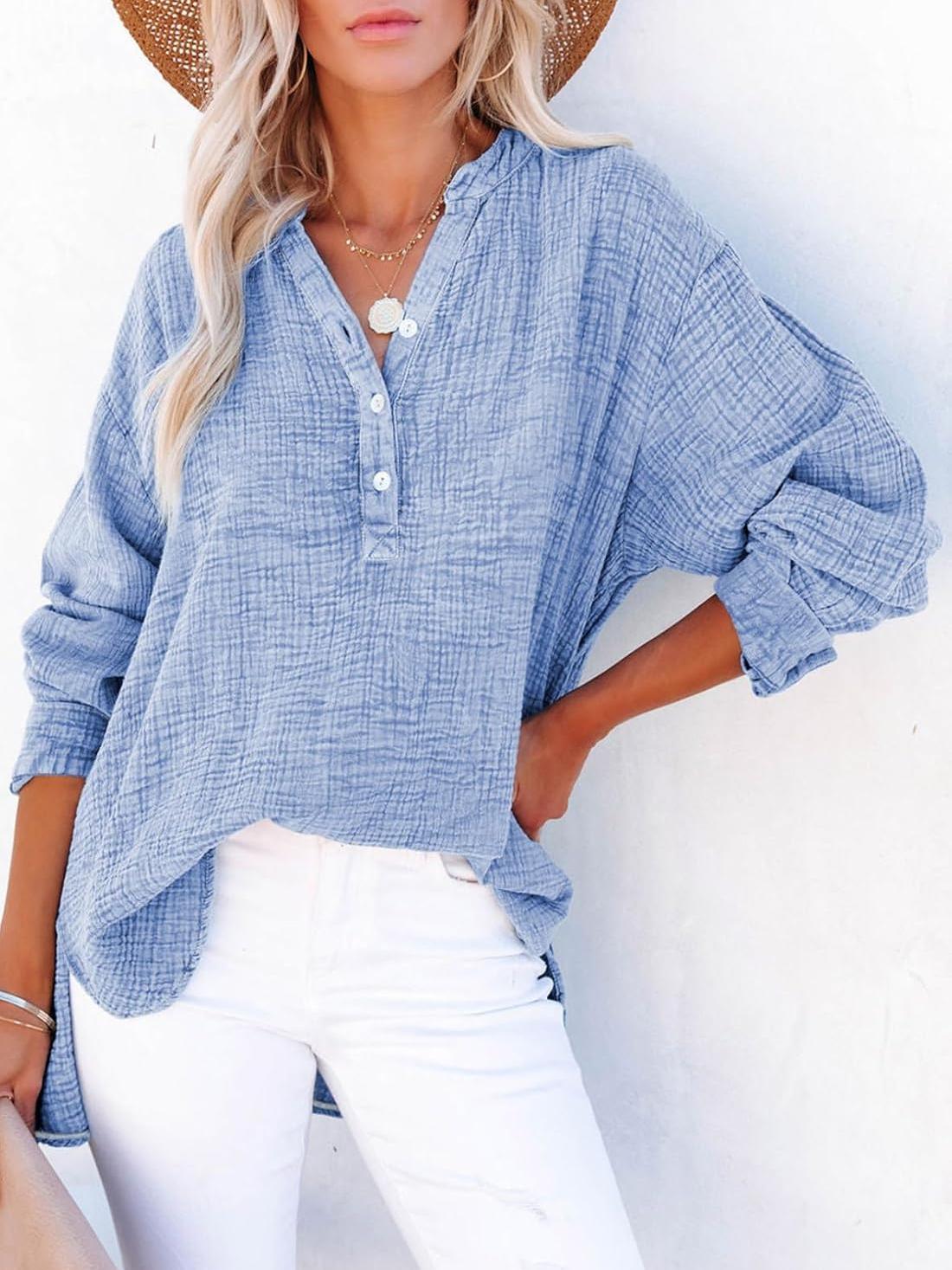 ⏰Hot Sale-Womens Casual Button V Neck Long Sleeve Shirts Oversized Solid Blouses Tops(Buy 2 Free Shipping)
