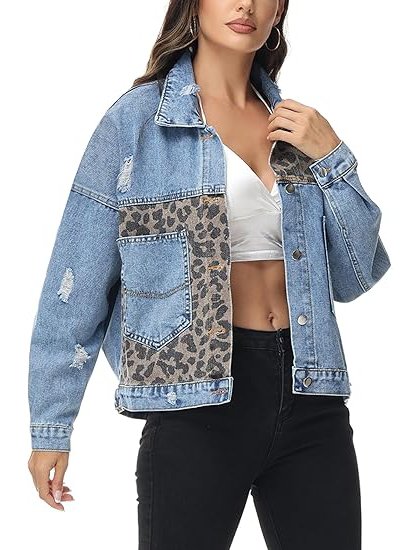 Women's long-sleeved button-up leopard print short denim jacket(buy 2 free shipping)
