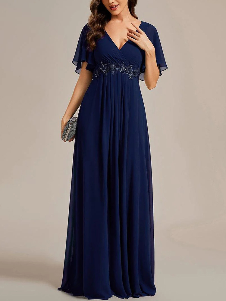 Flutter-Sleeve Appliqué A-Line Maxi Dress (Buy Two Free Shipping!!!)