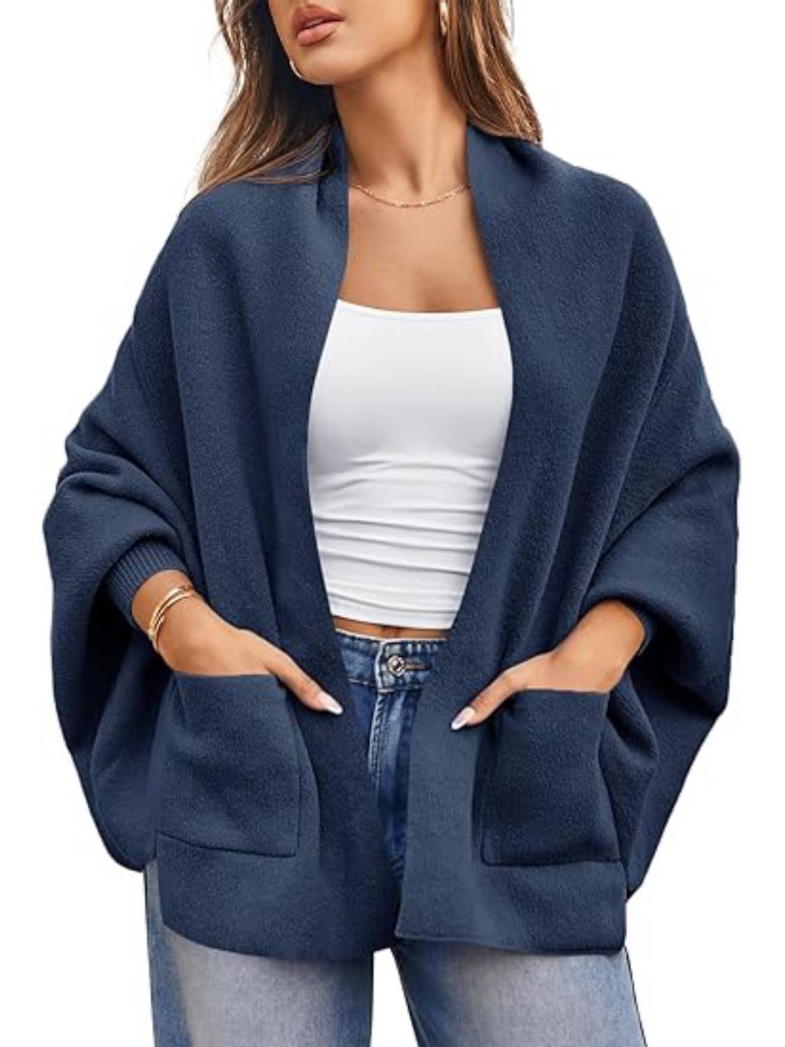 Womens Open Front Batwing Long Sleeve Shawl Knit Cardigan
