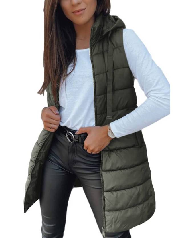 Women Long Solid Color Sleeveless Hood Winter Puffer Vest Outwear