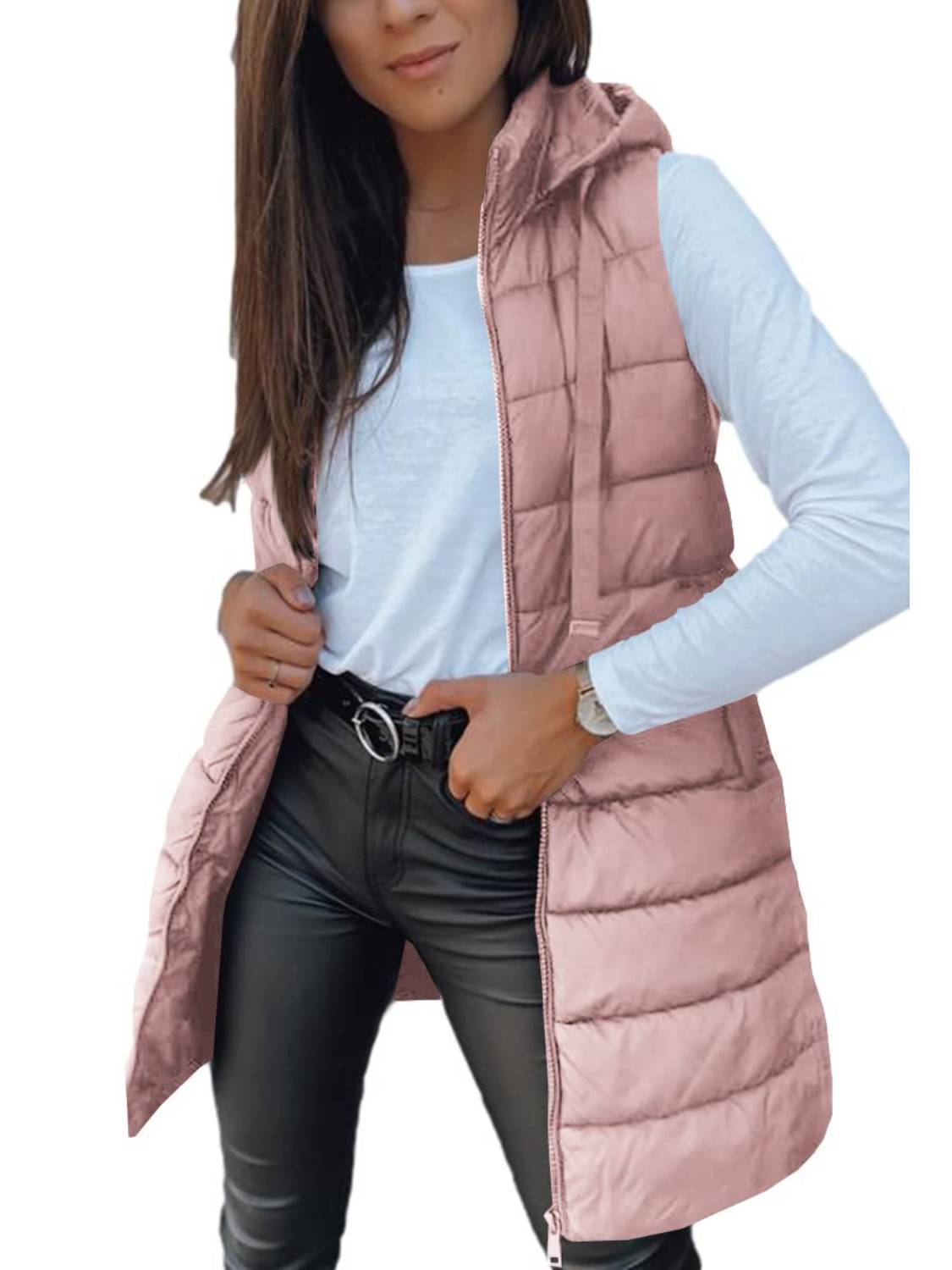 Women Long Solid Color Sleeveless Hood Winter Puffer Vest Outwear(Buy 2 Free Shipping)
