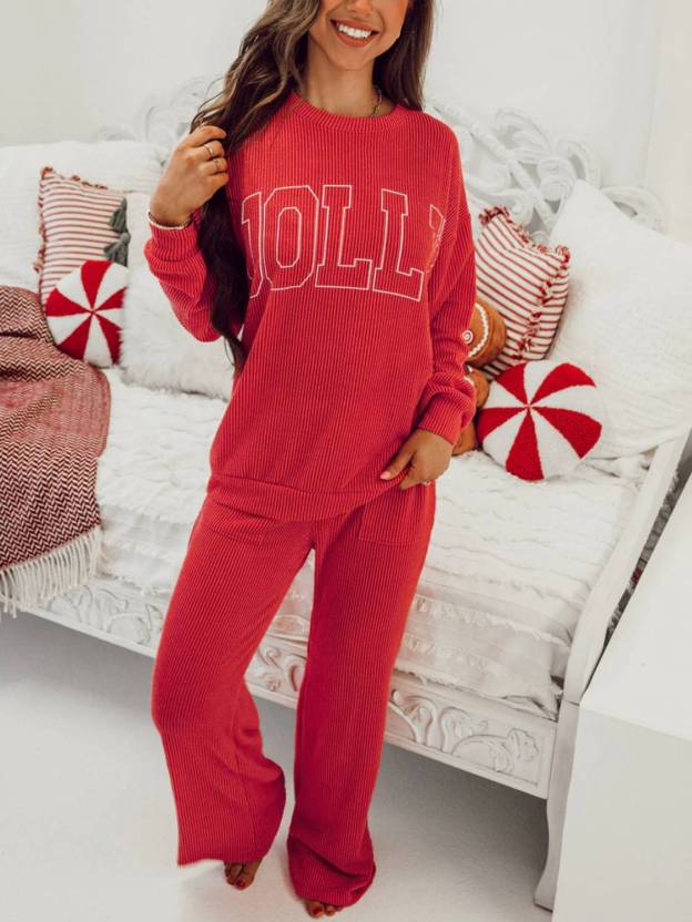Womens JOLLY Graphic Christmas Ribbed Long Sleeve Top & Pants 2 Piece Set