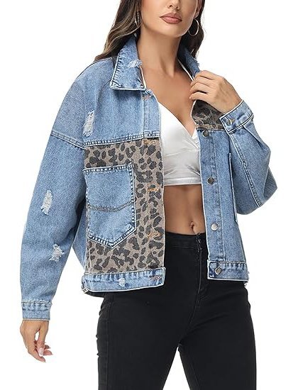 Women's long-sleeved button-up leopard print short denim jacket(buy 2 free shipping)