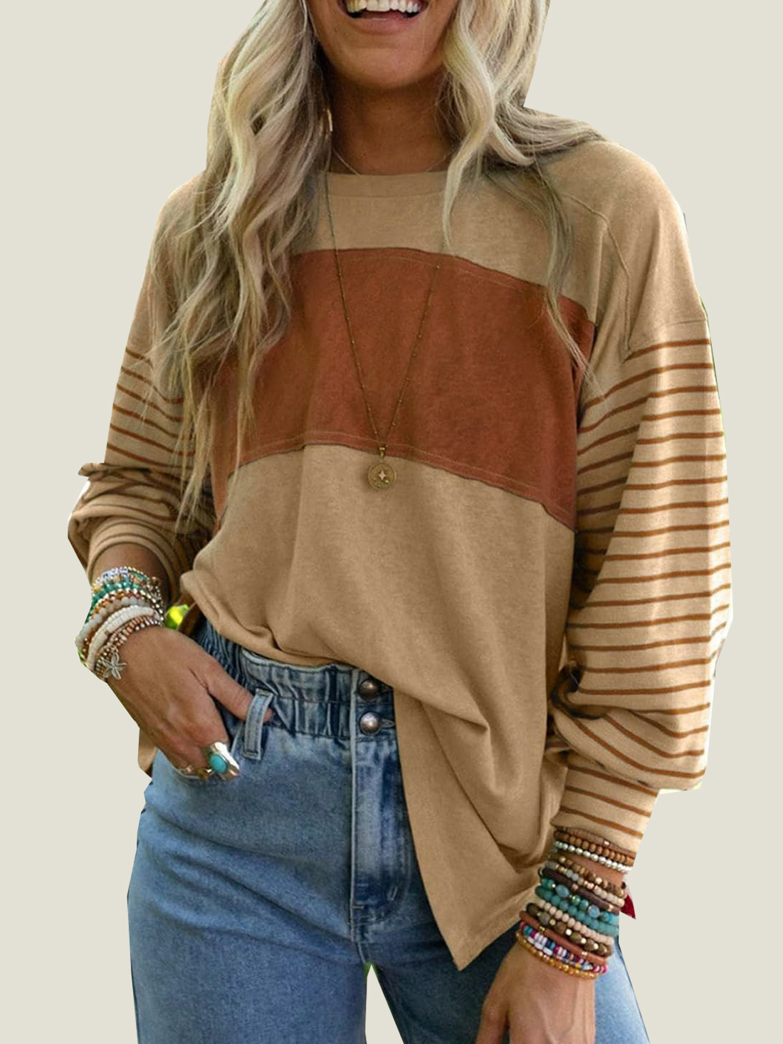 Women's Cute Color Block Long Sleeve Casual Top (Buy 2 Free Shipping)