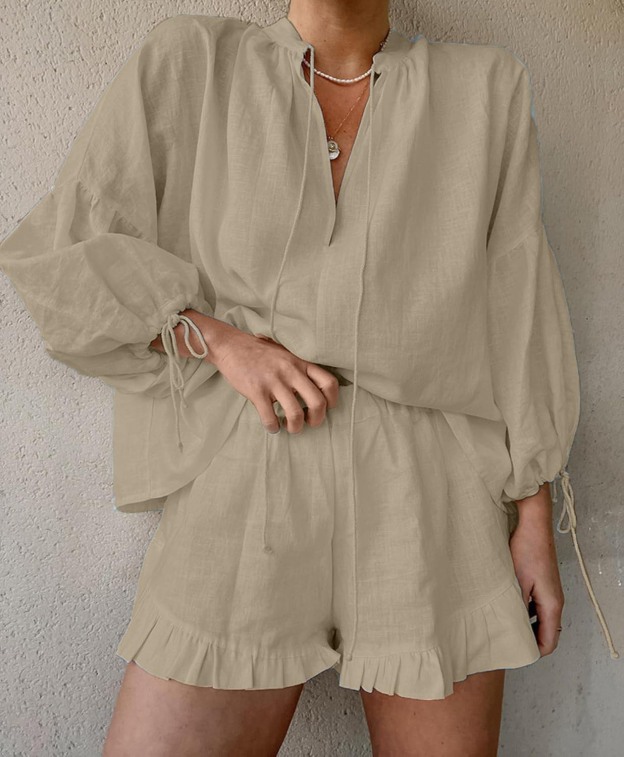 Women's Long Sleeve V Neck Tie Front Tops and Ruffled Boxer Shorts Lounge Sets