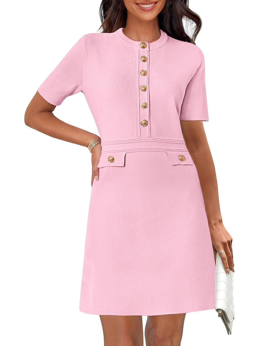 Women's Elegant Knit Button Short Sleeve Bodycon Mini Dress