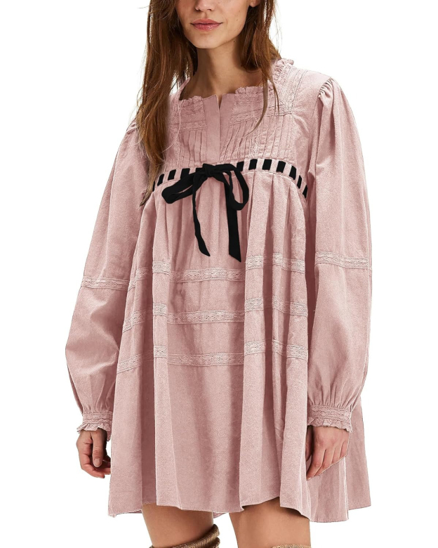 Women's Square Neck Tie Front Long Sleeve Lace Trim Mini Dress