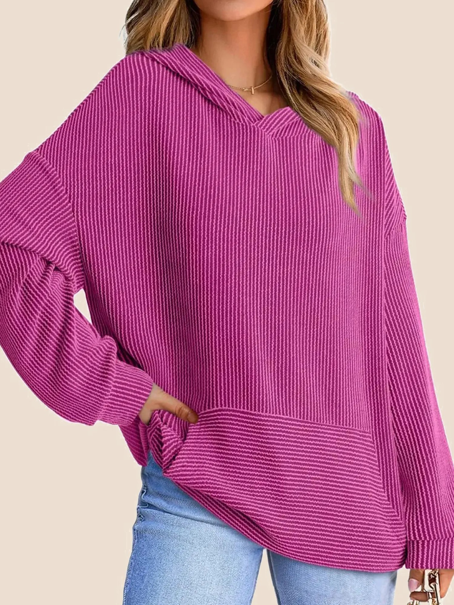 Women's Ribbed Knit Pullover Hoodie (Buy 2 Free Shipping)