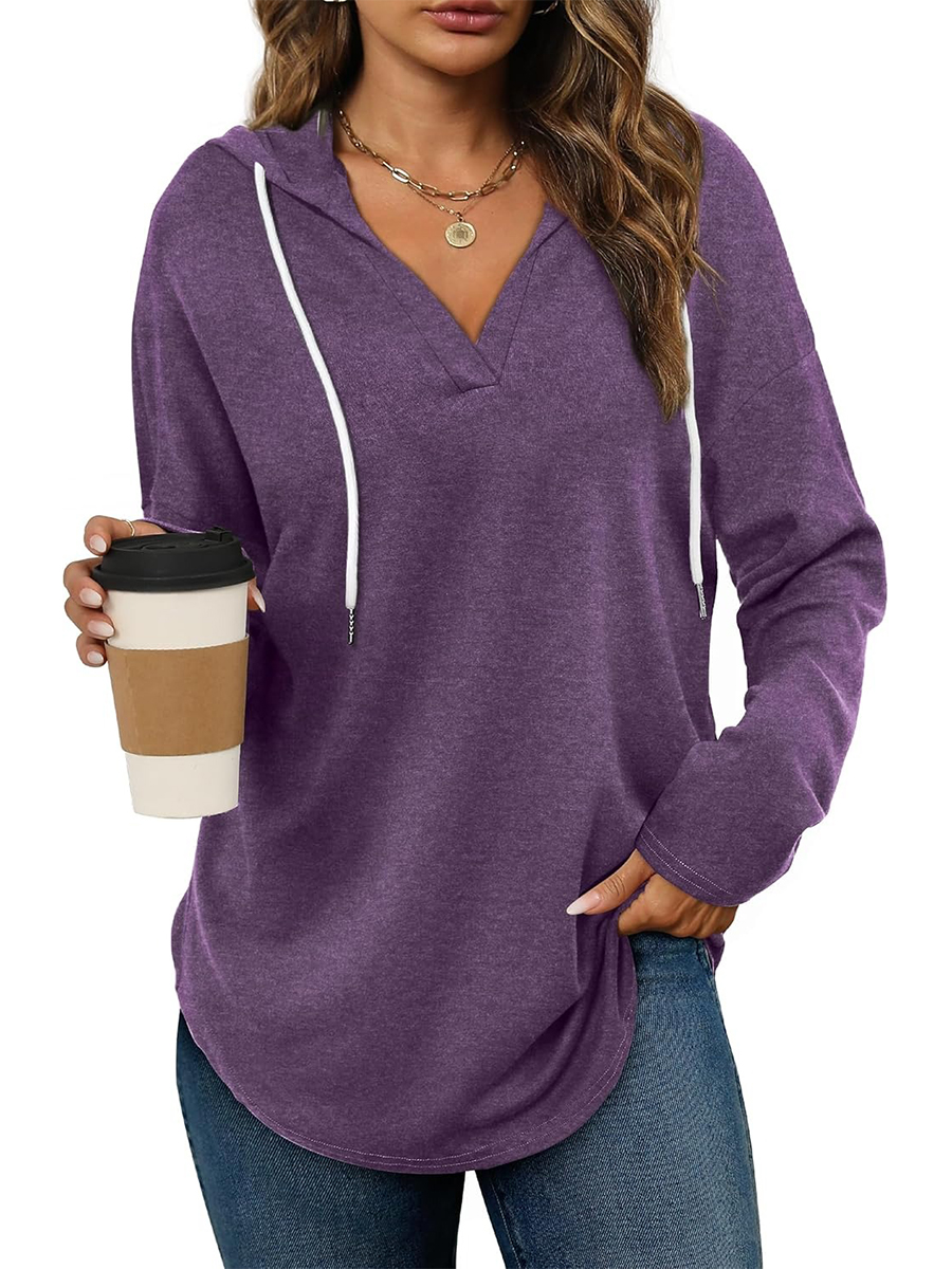Women's Casual V Neck Long Sleeve Drawstring Hoodie Sweatshirts