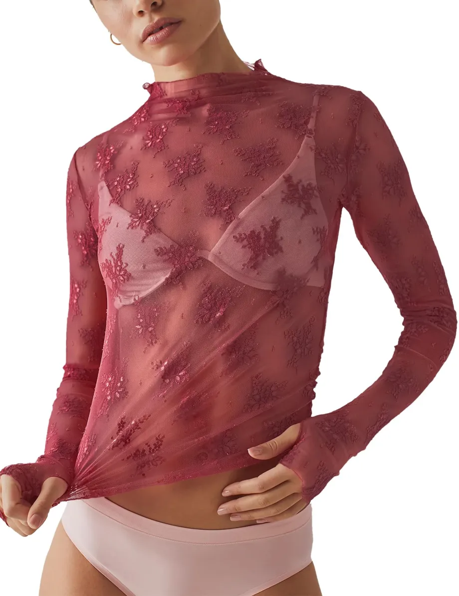 Women Long Sleeve Tops Sheer Lace Basic Shirt Casual Pullover For Fall Club Streetwear Aesthetic Clothes（BUY 3 FREE SHIPPING)