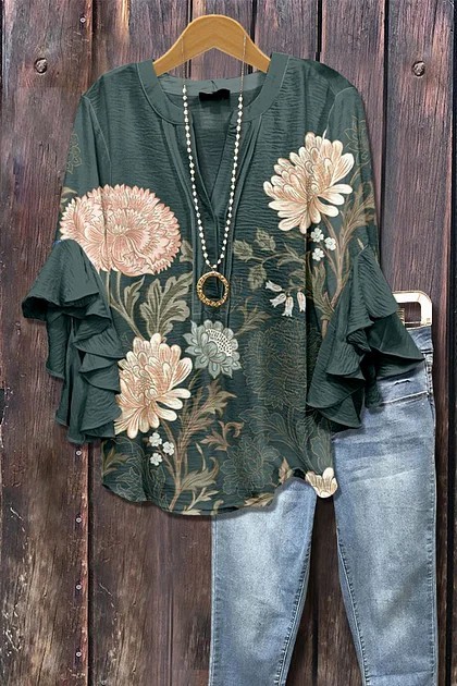 Women's Mixed Floral Print Ruffle Bell Sleeve Top(BUY 2 FREE SHIPPING)