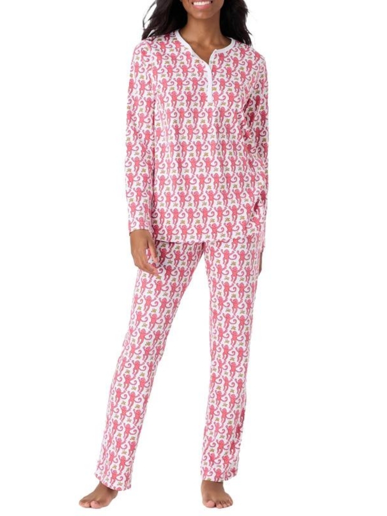 ✨Women Pajama Set, Monkey Print Long Sleeve Button Closure Tops with Pants Sleepwear Loungewear Womenswear Check