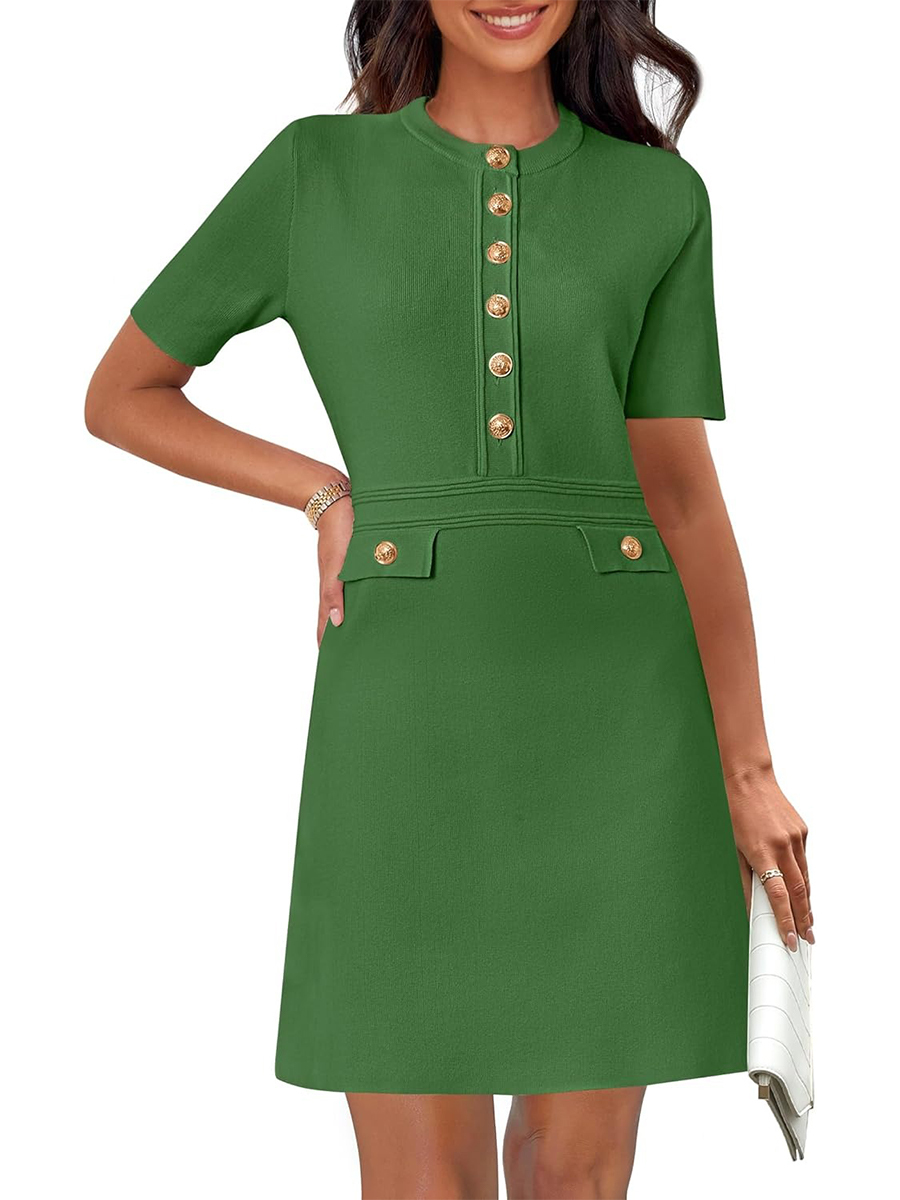 Women's Elegant Knit Button Short Sleeve Bodycon Mini Dress
