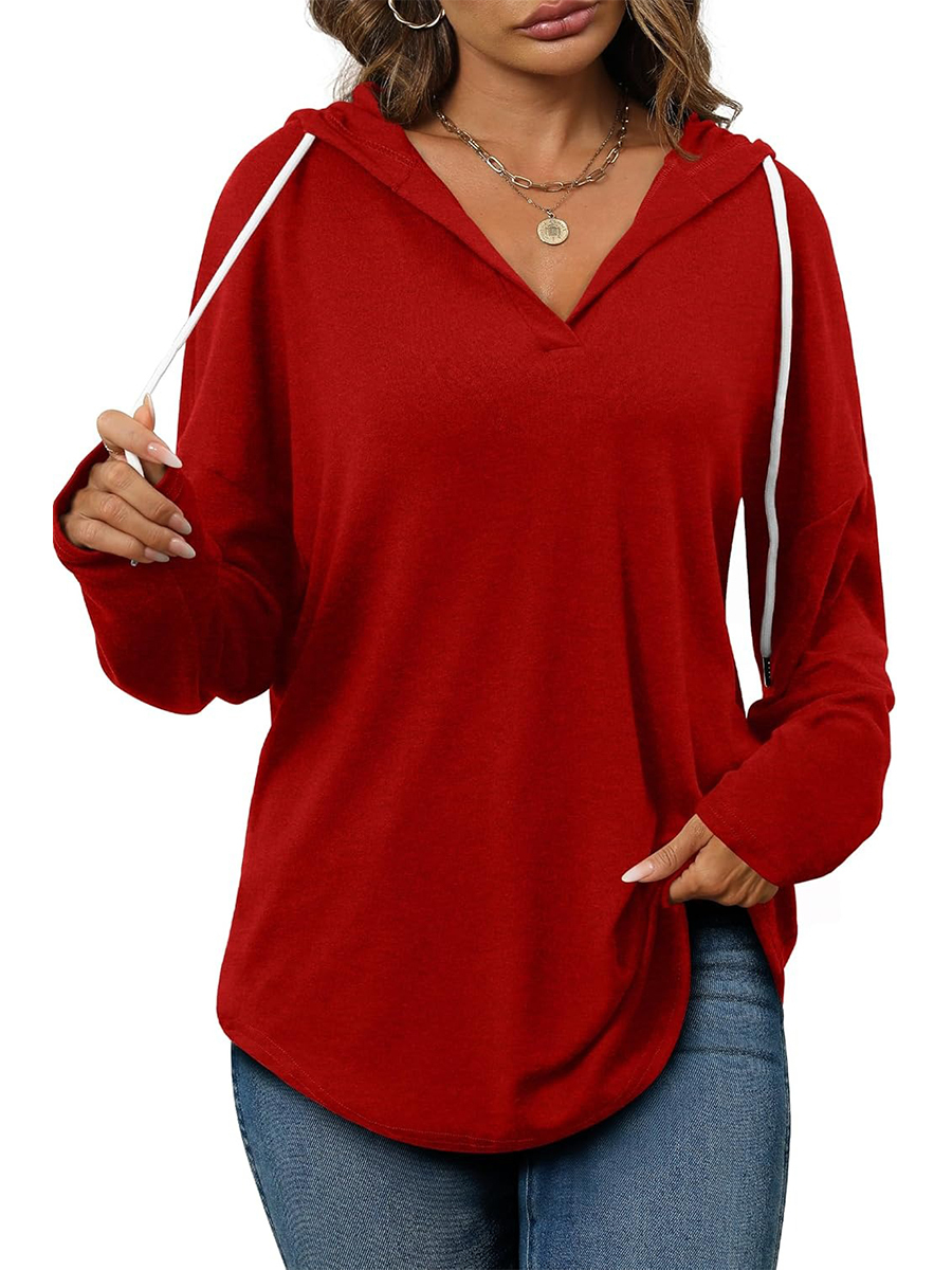Women's Casual V Neck Long Sleeve Drawstring Hoodie Sweatshirts