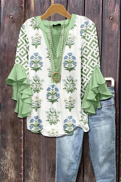 Women's Mixed Floral Print Ruffle Bell Sleeve Top(BUY 2 FREE SHIPPING)