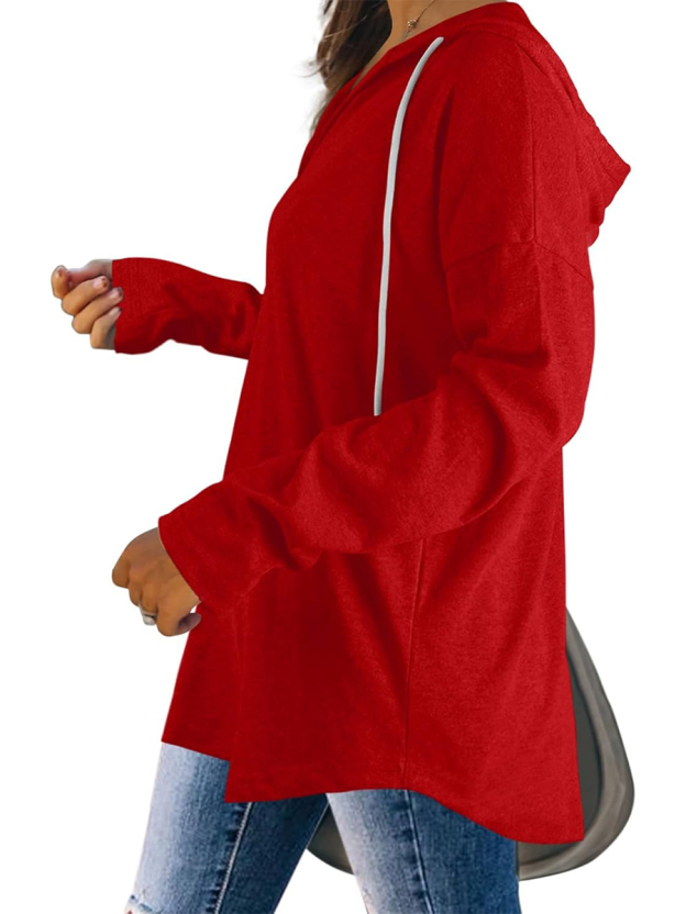 Women's Casual V Neck Long Sleeve Drawstring Hoodie Sweatshirts