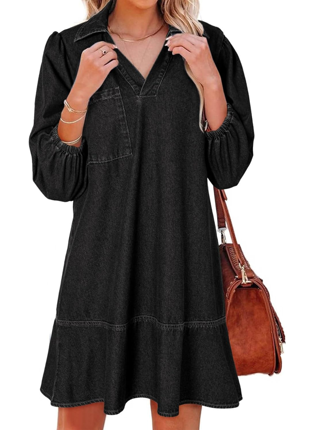 Women's V Neck 3/4 Puff Sleeve Denim Casual Dress