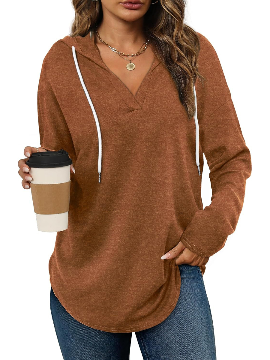 Women's Casual V Neck Long Sleeve Drawstring Hoodie Sweatshirts