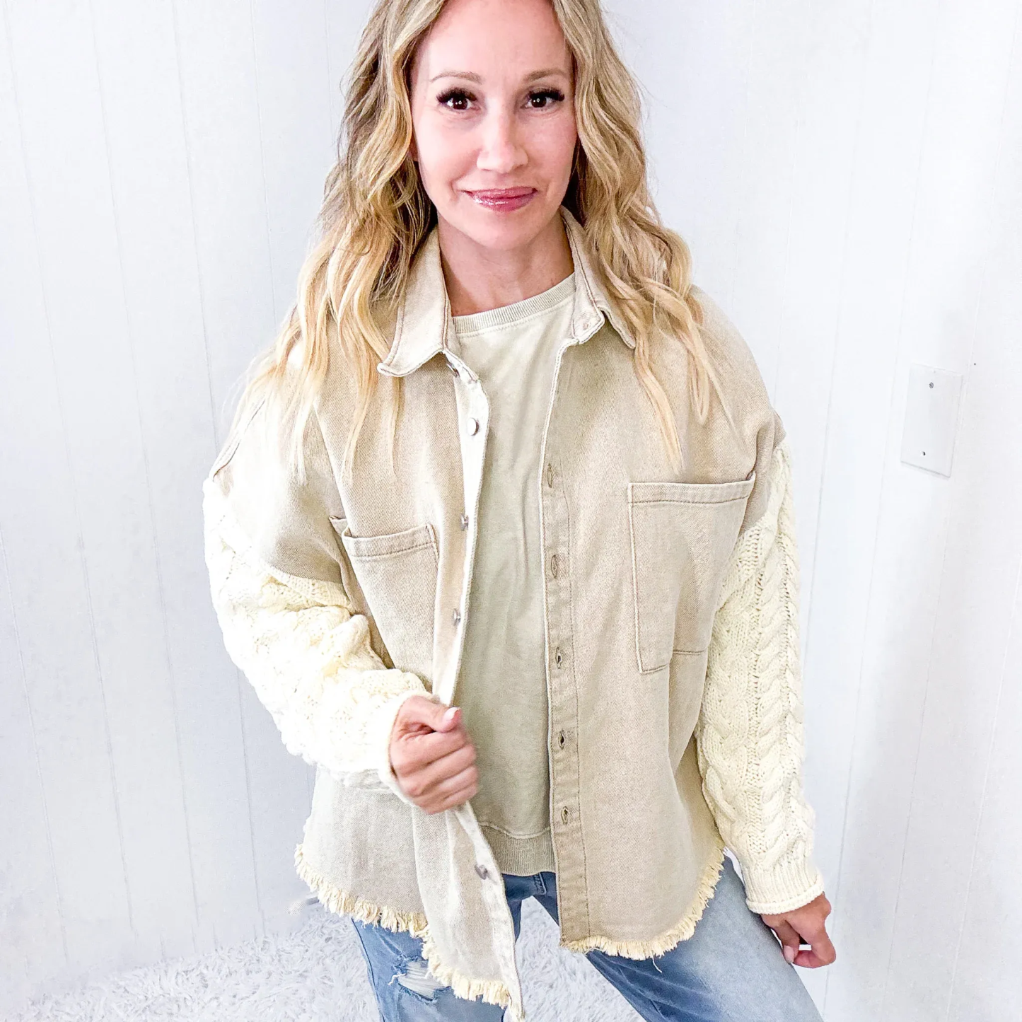 🔥Cozy Sweater Sleeve Denim Shacket (Buy 2 Free Shipping)