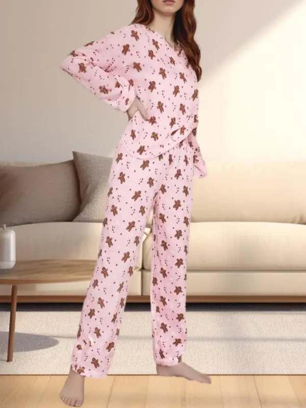 Christmas Women‘s Outfits Casual Gingerbread Print Long Sleeve Tops and Elastic Pants 2 Piece Set Streetwear