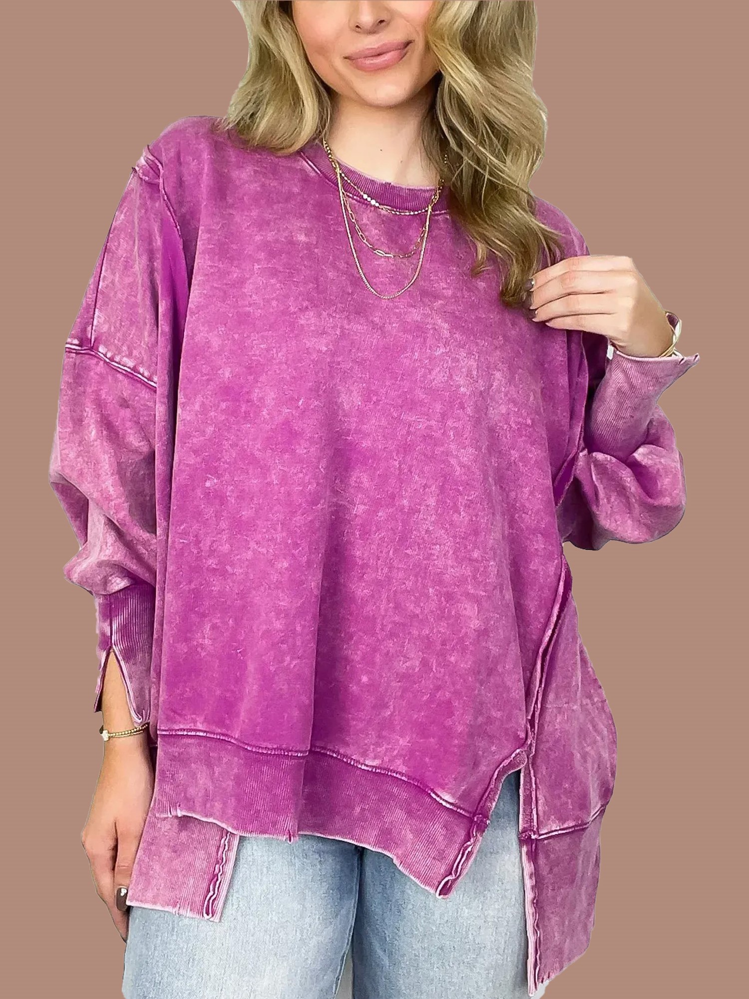 Women's Acid Wash Split Cuff Oversized Crew Pullover (Buy 2 Free Shipping)