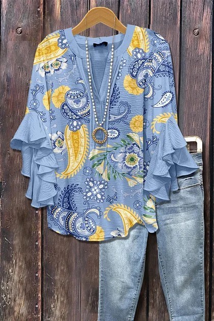 Women's Mixed Floral Print Ruffle Bell Sleeve Top(BUY 2 FREE SHIPPING)