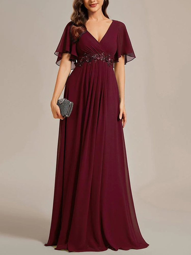 Flutter-Sleeve Appliqué A-Line Maxi Dress (Buy Two Free Shipping!!!)